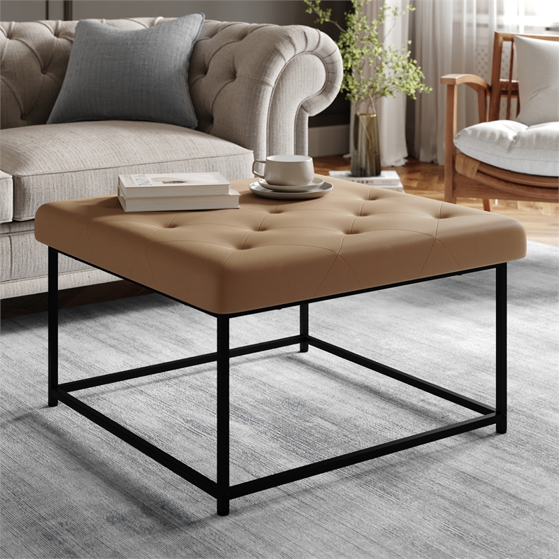Square LeatherSoft Tufted Ottoman with Black Metal Frame in Light Brown