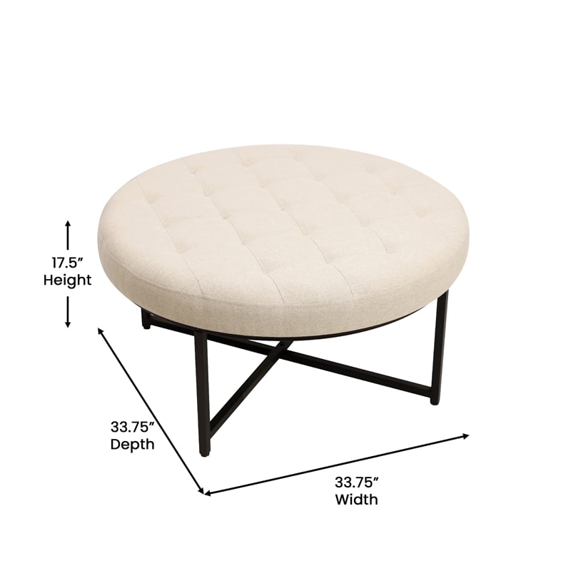 Round Cotton Linen Tufted Ottoman with Black Metal Frame in Beige
