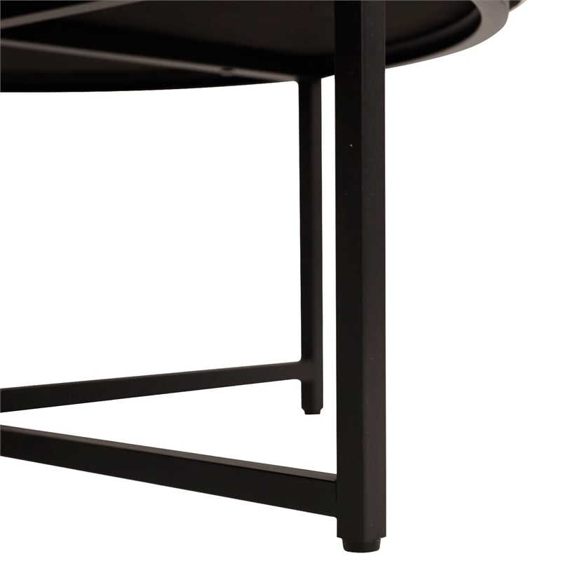 Round Cotton Linen Tufted Ottoman with Black Metal Frame in Beige