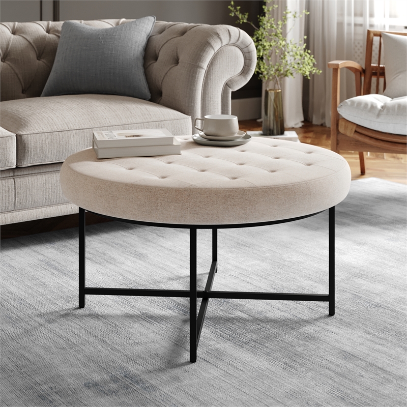 Round Cotton Linen Tufted Ottoman with Black Metal Frame in Beige