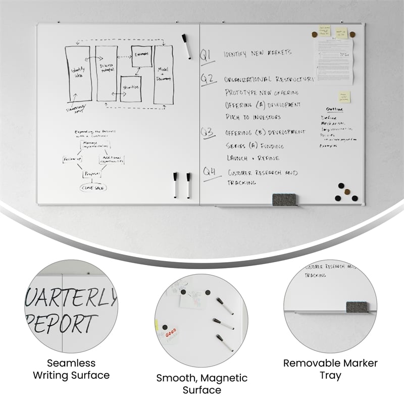 72x40 Aluminum Magnetic Dry Erase Board with Wall Mount Marker Tray