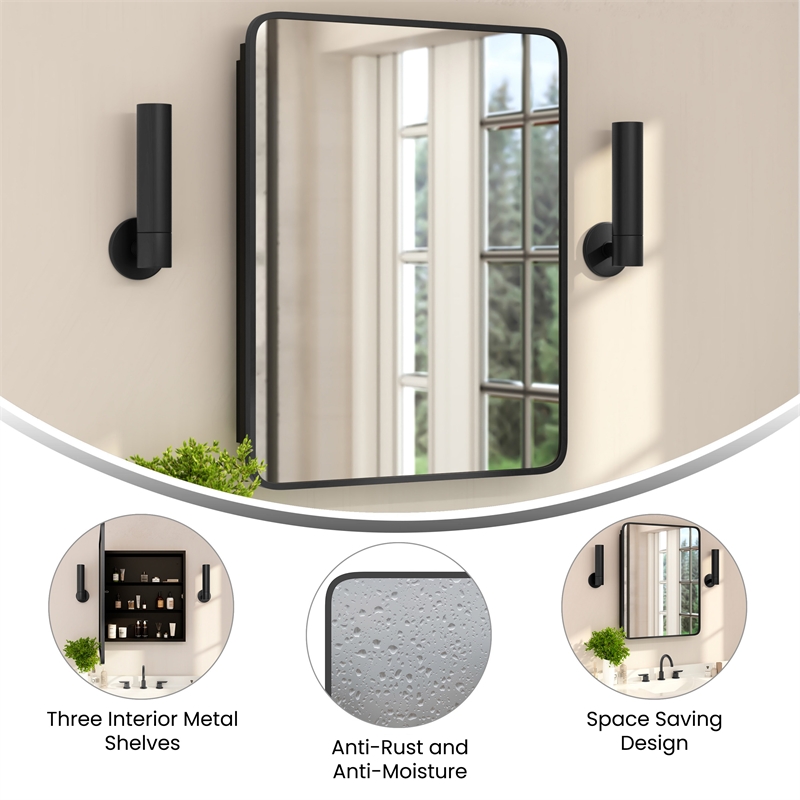 Recessed Bathroom Medicine Cabinet with Beveled Mirror in Black - 24x30