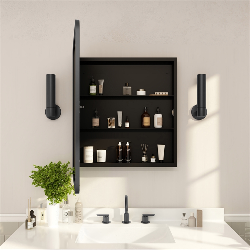 Recessed Bathroom Medicine Cabinet with Beveled Mirror in Black - 24x30