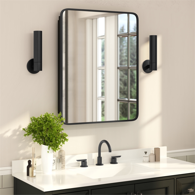 Recessed Bathroom Medicine Cabinet with Beveled Mirror in Black - 24x30