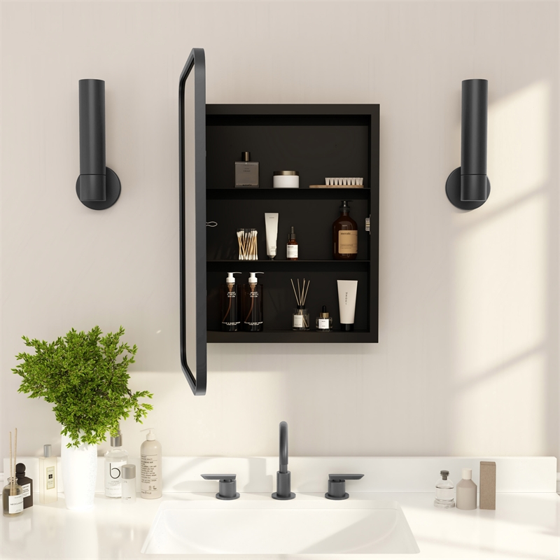 Recessed Bathroom Medicine Cabinet with Beveled Mirror in Black - 16x24