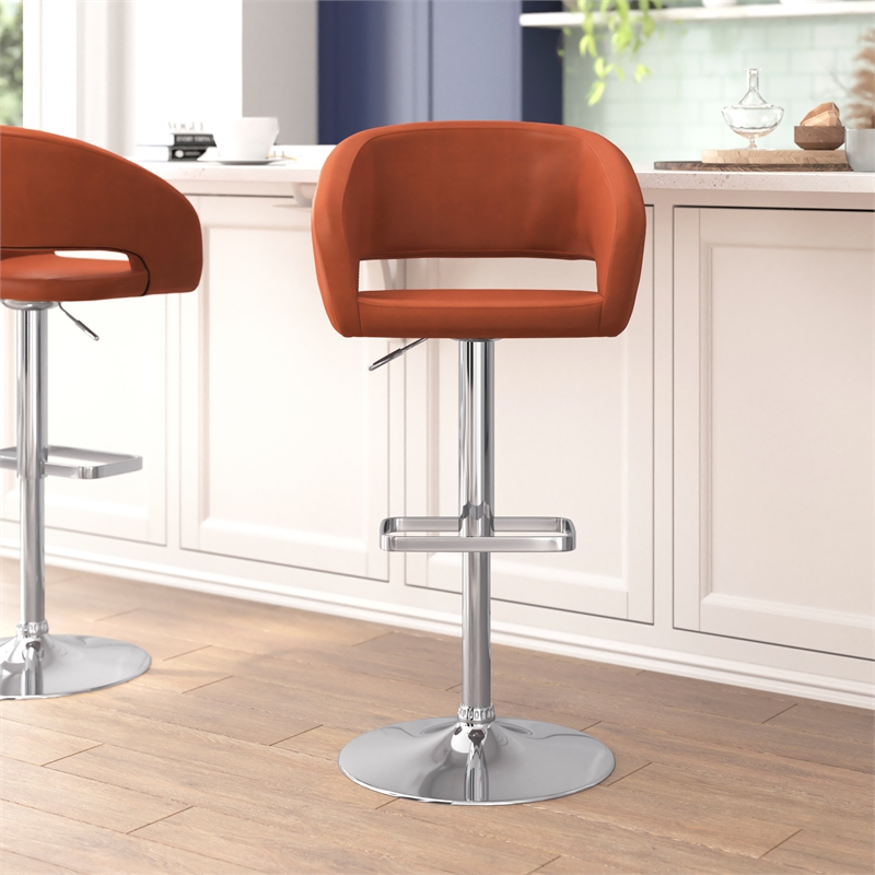 Cognac Vinyl Adjustable Height Barstool with Rounded Mid-Back and Chrome Base