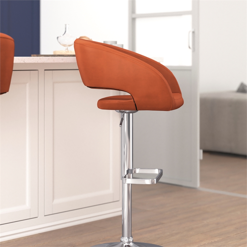 Cognac Vinyl Adjustable Height Barstool with Rounded Mid-Back and Chrome Base