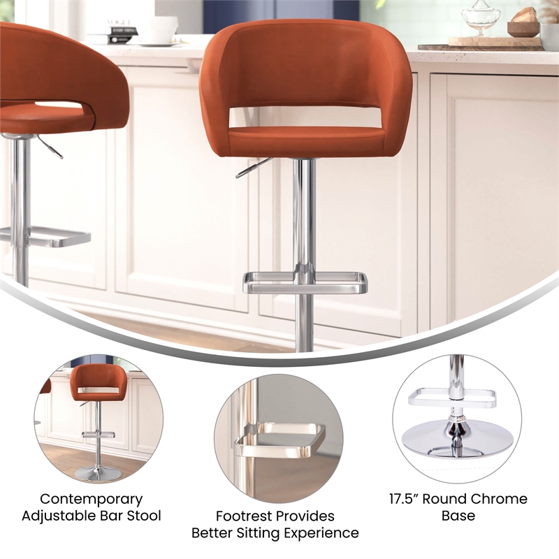 Cognac Vinyl Adjustable Height Barstool with Rounded Mid-Back and Chrome Base