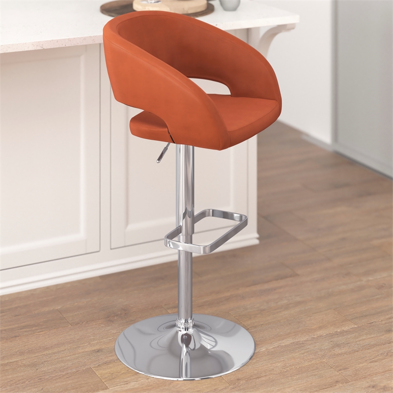 Cognac Vinyl Adjustable Height Barstool with Rounded Mid-Back and Chrome Base