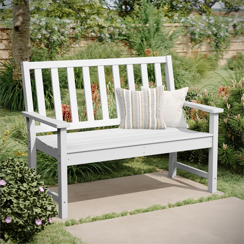 All Weather Heavy Duty Commercial Recycled HDPE Bench with Curved Seat in White