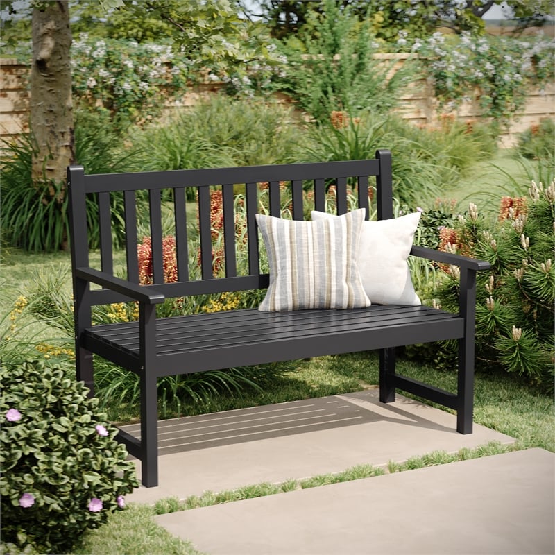 Commercial Indoor/Outdoor 2-Person Patio Acacia Wood Bench Loveseat in Black
