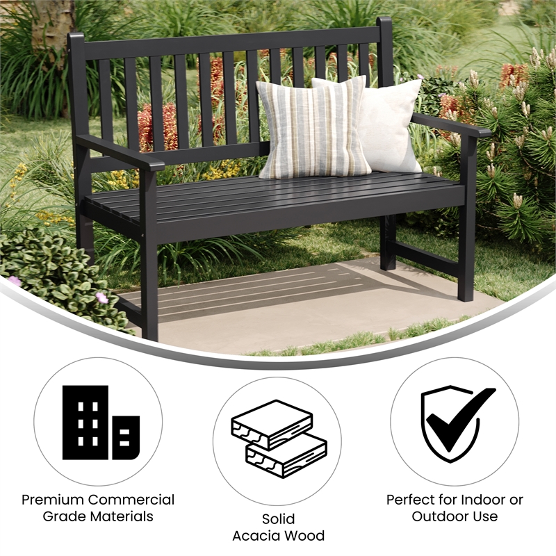 Commercial Indoor/Outdoor 2-Person Patio Acacia Wood Bench Loveseat in Black