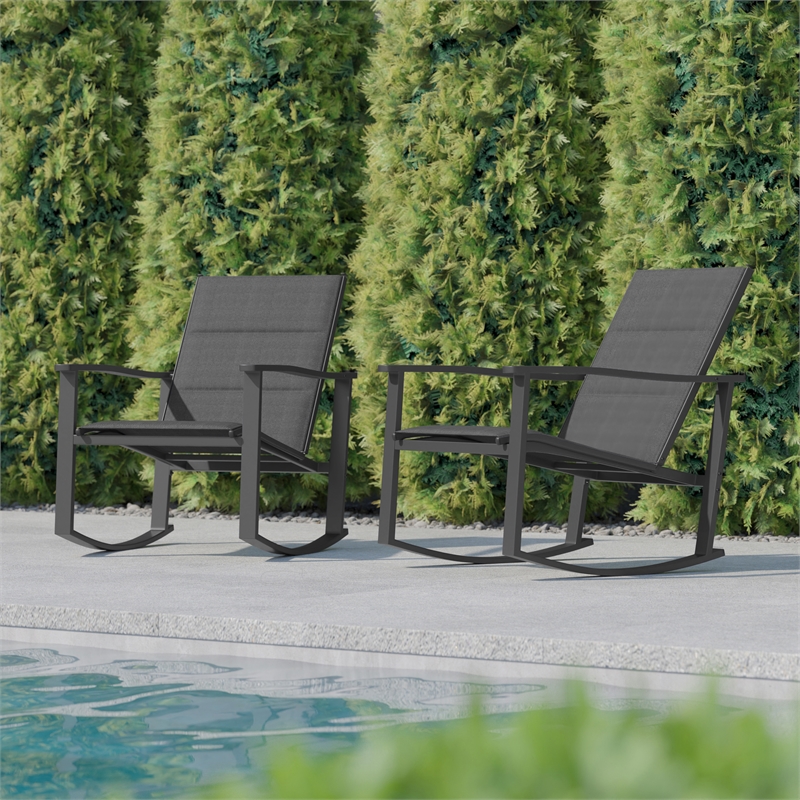 Set of 2 All Weather Flex Comfort Rocking Chairs with Metal Frames-Black/Black