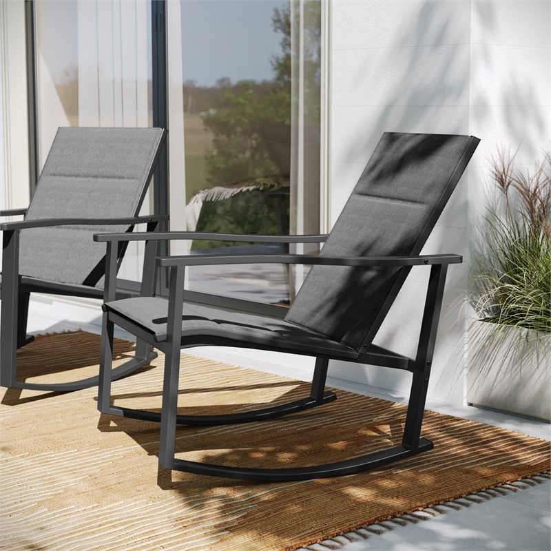 Set of 2 All Weather Flex Comfort Rocking Chairs with Metal Frames-Black/Black