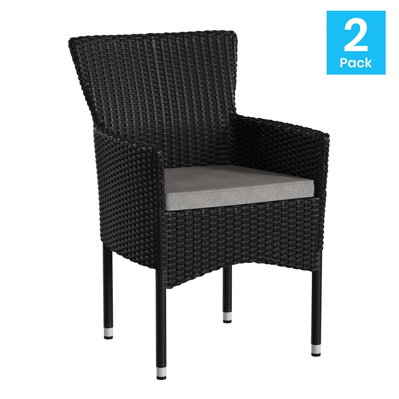 Indoor/Outdoor Black Wicker Wrapped Steel Frame Patio Chairs & Cream Cushions