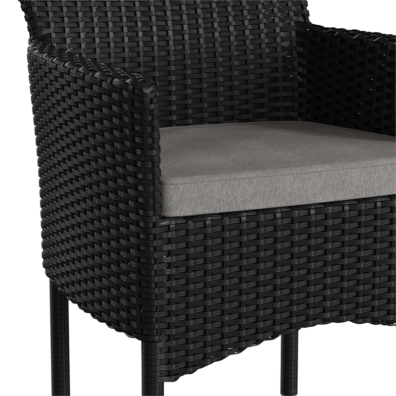 Indoor/Outdoor Black Wicker Wrapped Steel Frame Patio Chairs & Cream Cushions