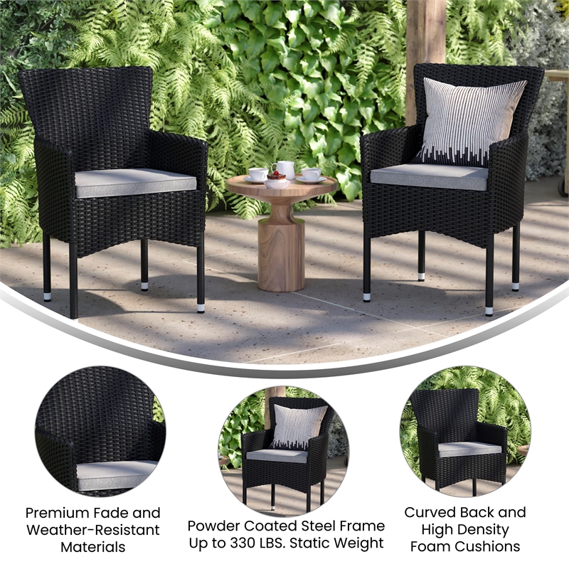 Indoor/Outdoor Black Wicker Wrapped Steel Frame Patio Chairs & Cream Cushions