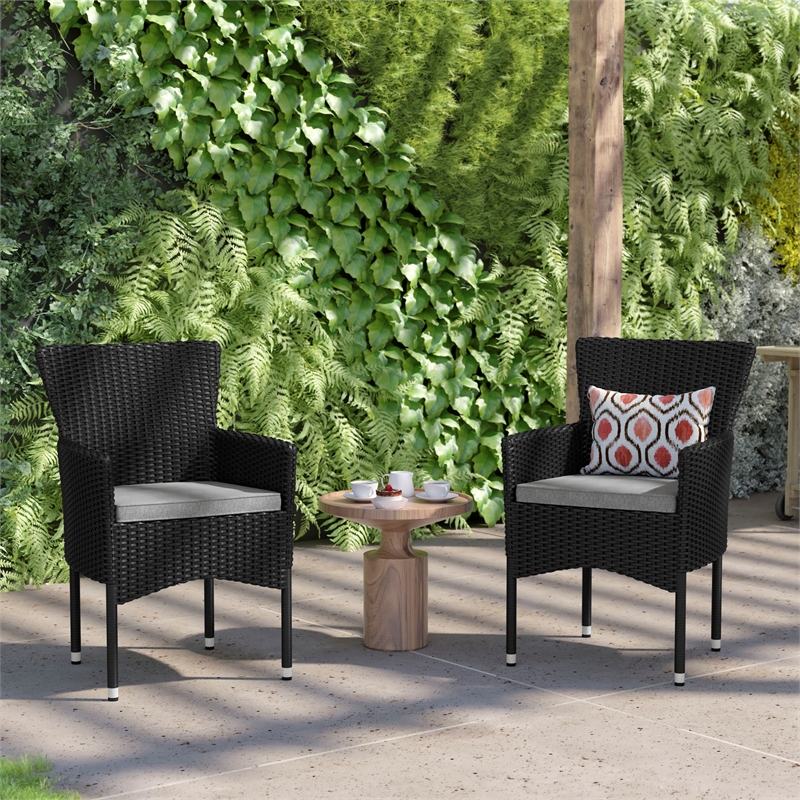 Indoor/Outdoor Black Wicker Wrapped Steel Frame Patio Chairs & Cream Cushions