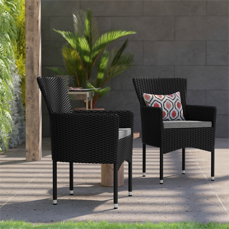 Indoor/Outdoor Black Wicker Wrapped Steel Frame Patio Chairs & Cream Cushions