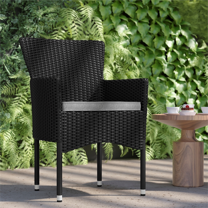Indoor/Outdoor Black Wicker Wrapped Steel Frame Patio Chairs & Cream Cushions