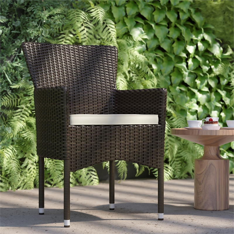 Indoor/Outdoor Espresso Wicker Wrapped Steel Frame Patio Chairs & Cream Cushions