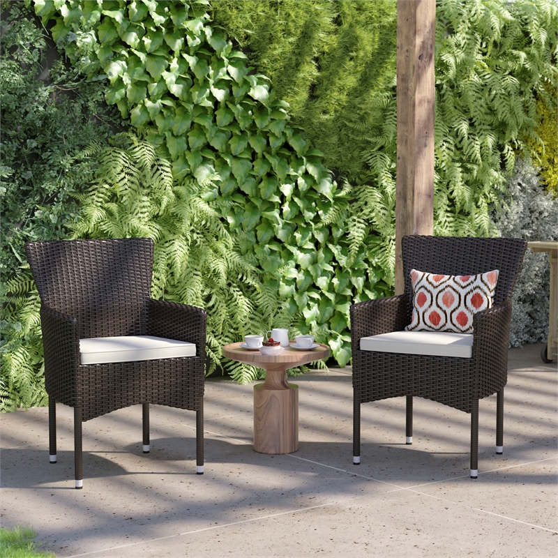 Indoor/Outdoor Espresso Wicker Wrapped Steel Frame Patio Chairs & Cream Cushions