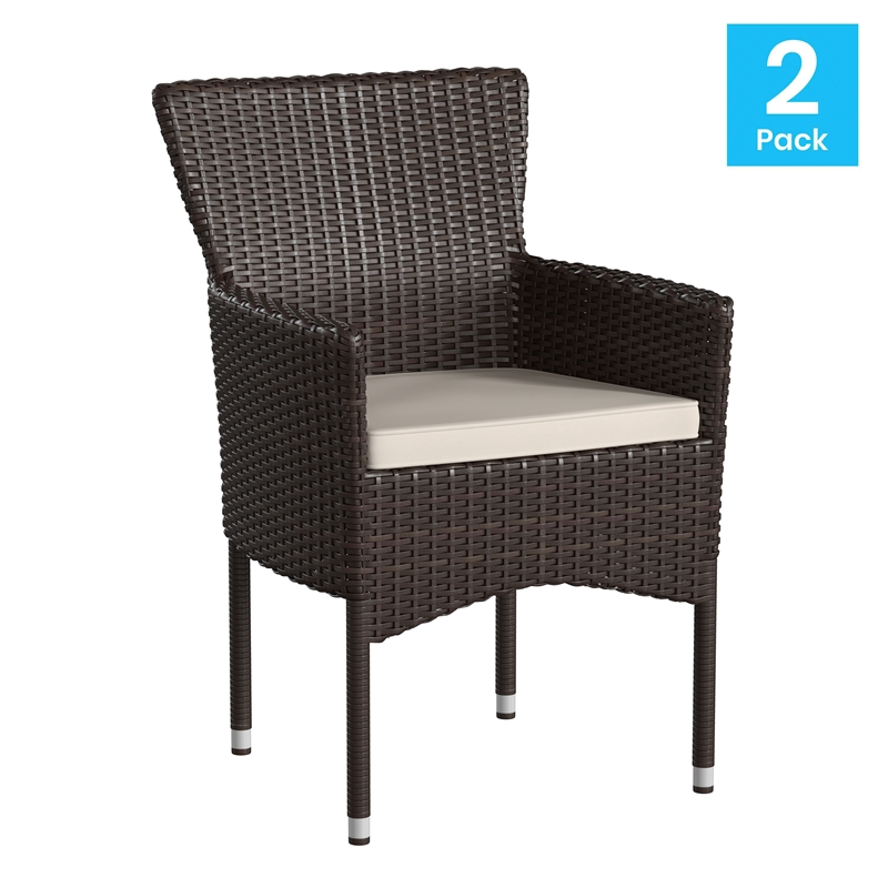 Indoor/Outdoor Espresso Wicker Wrapped Steel Frame Patio Chairs & Cream Cushions