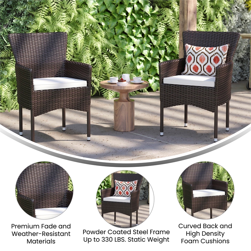 Indoor/Outdoor Espresso Wicker Wrapped Steel Frame Patio Chairs & Cream Cushions