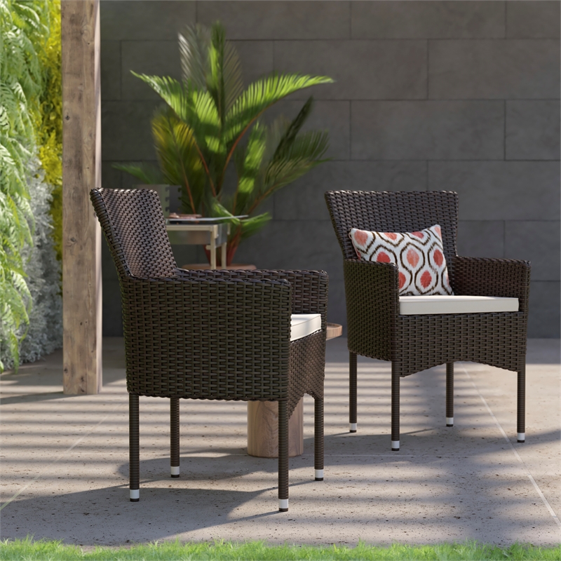 Indoor/Outdoor Espresso Wicker Wrapped Steel Frame Patio Chairs & Cream Cushions