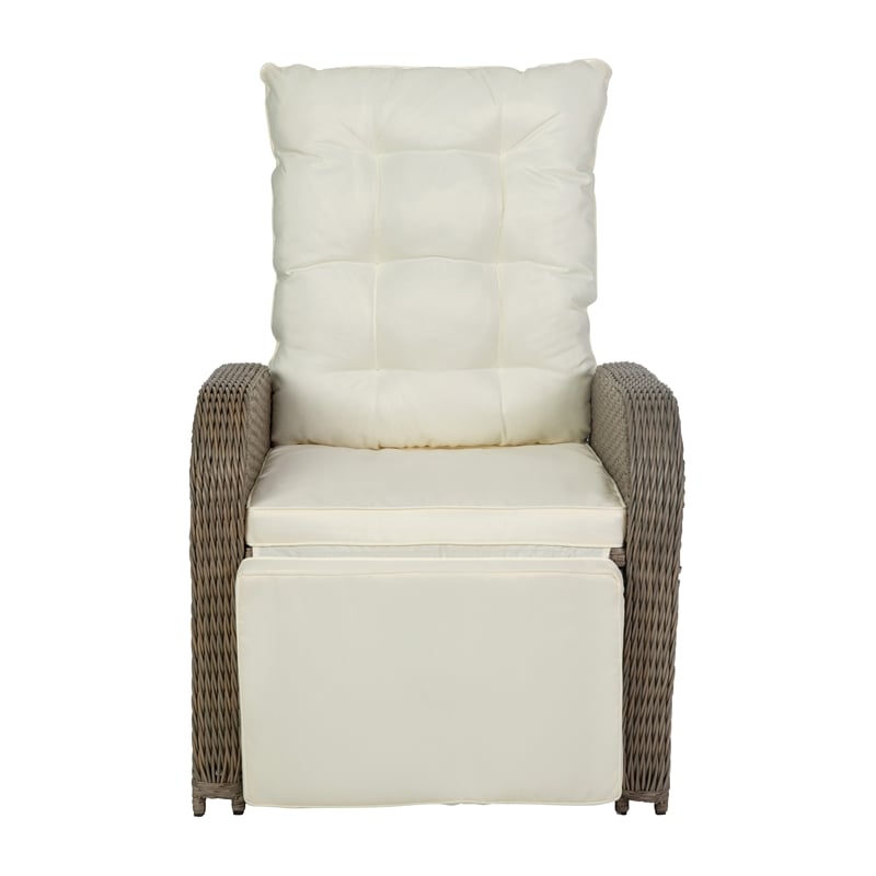 Indoor/Outdoor Wicker Rattan Recliner with Flip-Up Side Table in Beige & Brown