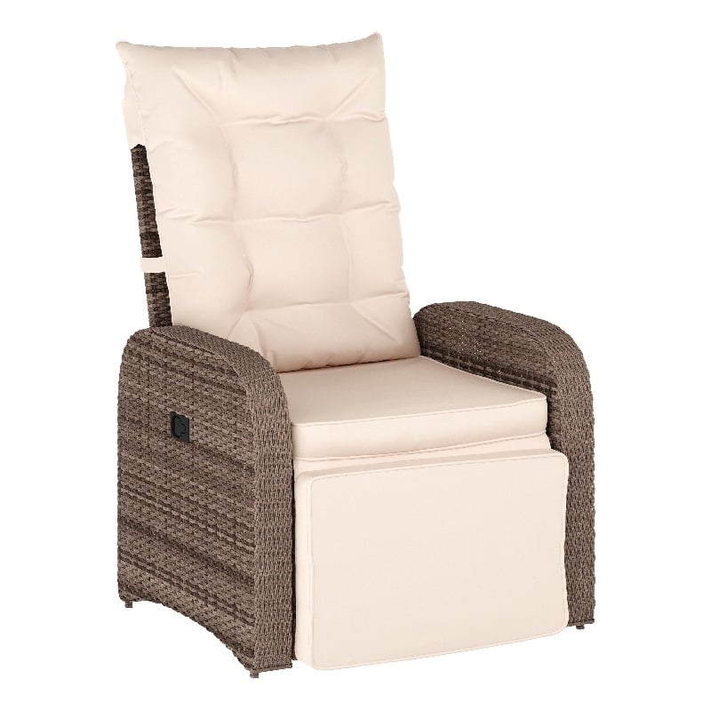 Indoor/Outdoor Wicker Rattan Recliner with Flip-Up Side Table in Beige & Brown