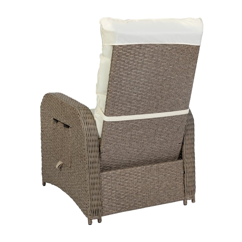 Indoor/Outdoor Wicker Rattan Recliner with Flip-Up Side Table in Beige & Brown