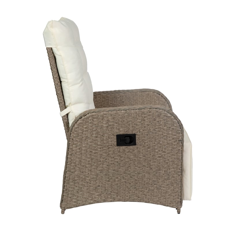 Indoor/Outdoor Wicker Rattan Recliner with Flip-Up Side Table in Beige & Brown