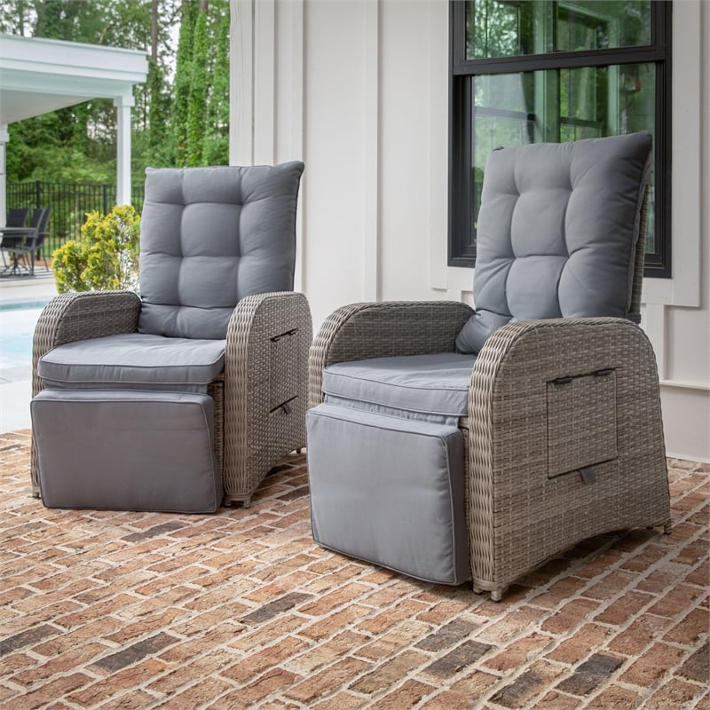Indoor/Outdoor Wicker Rattan Recliner with Flip-Up Side Table in Gray
