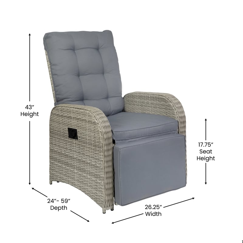 Indoor/Outdoor Wicker Rattan Recliner with Flip-Up Side Table in Gray