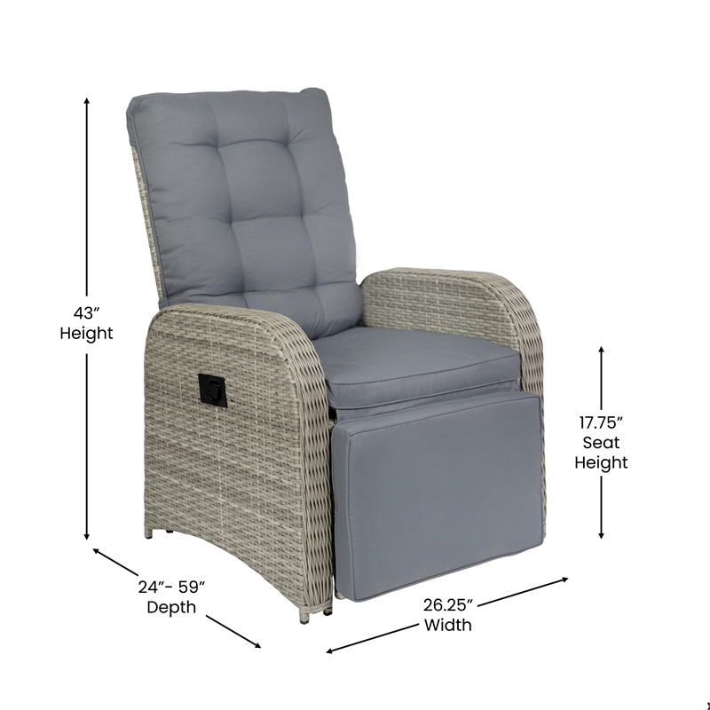Indoor/Outdoor Wicker Rattan Recliner with Flip-Up Side Table in Gray