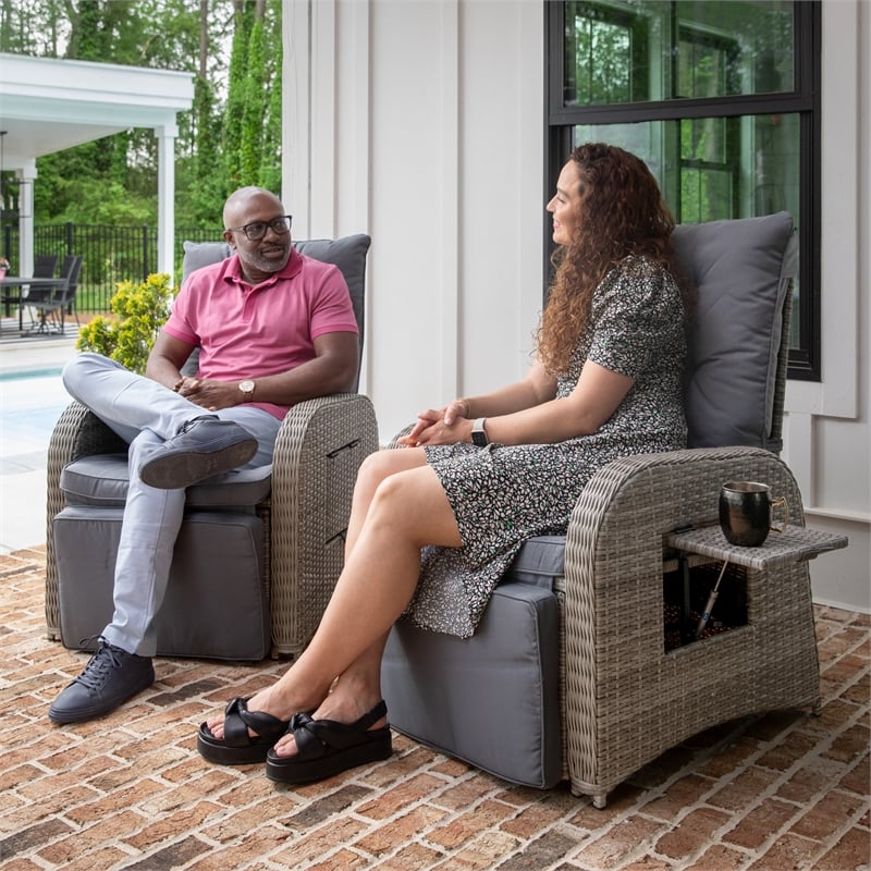 Indoor/Outdoor Wicker Rattan Recliner with Flip-Up Side Table in Gray