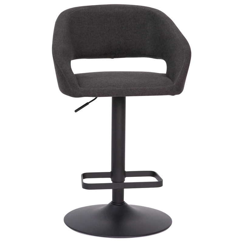 Charcoal Fabric Adjustable Height Barstool with Rounded Mid-Back and Black Base