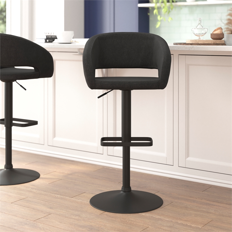 Charcoal Fabric Adjustable Height Barstool with Rounded Mid-Back and Black Base