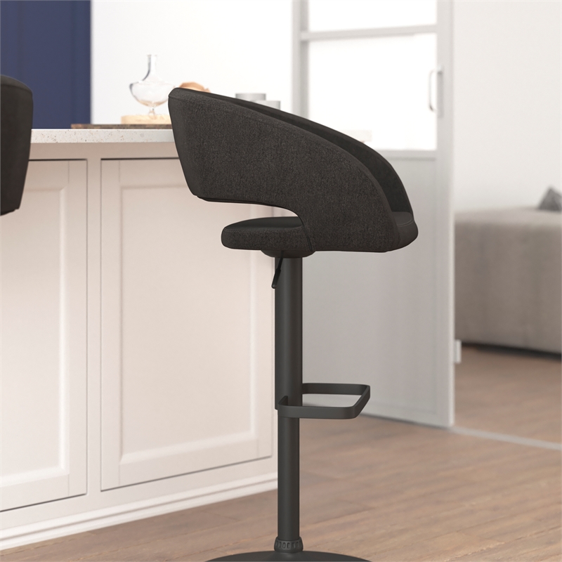 Charcoal Fabric Adjustable Height Barstool with Rounded Mid-Back and Black Base