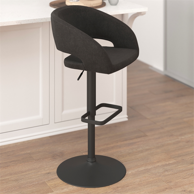 Charcoal Fabric Adjustable Height Barstool with Rounded Mid-Back and Black Base