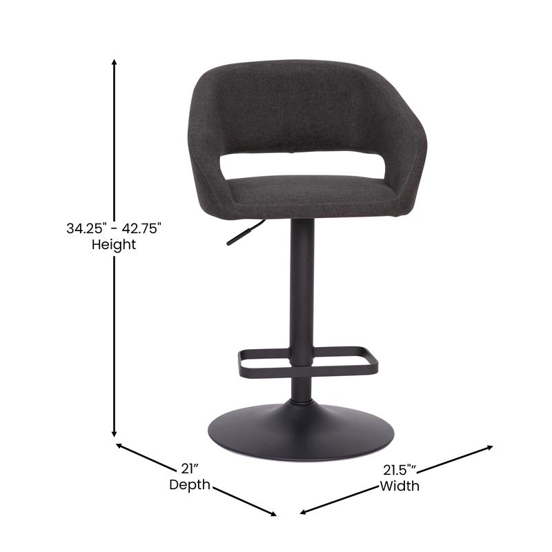 Charcoal Fabric Adjustable Height Barstool with Rounded Mid-Back and Black Base