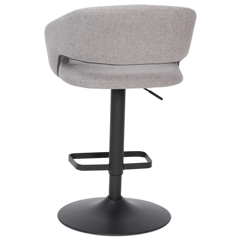 Gray Fabric Adjustable Height Barstool with Rounded Mid-Back and Black Base