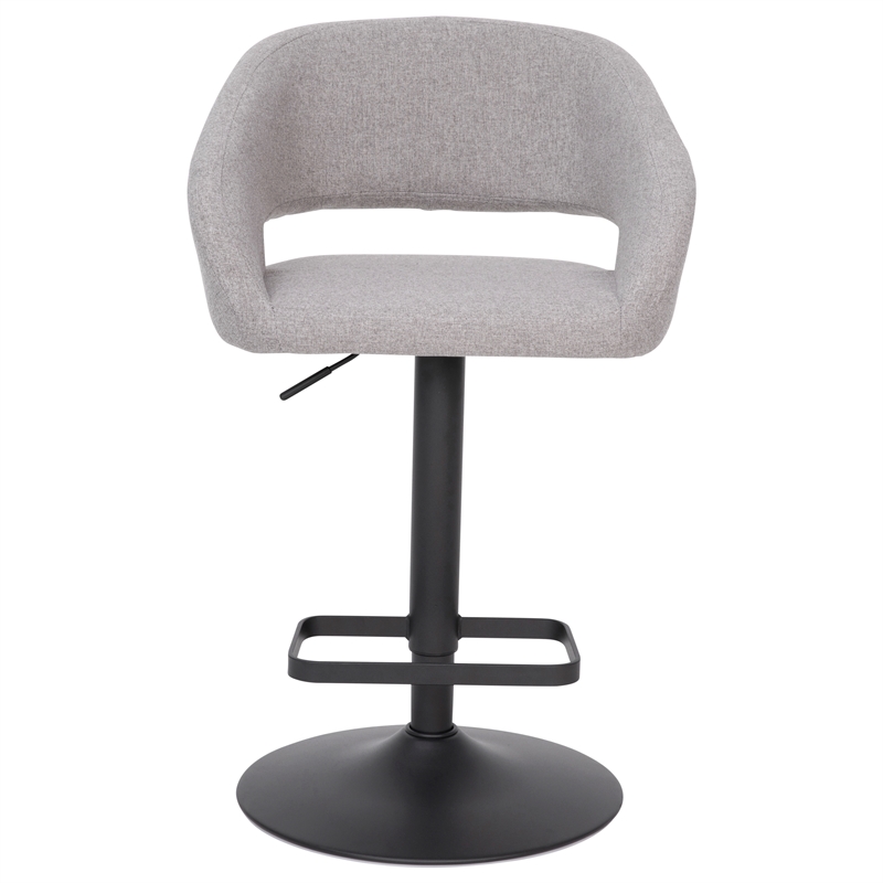 Gray Fabric Adjustable Height Barstool with Rounded Mid-Back and Black Base