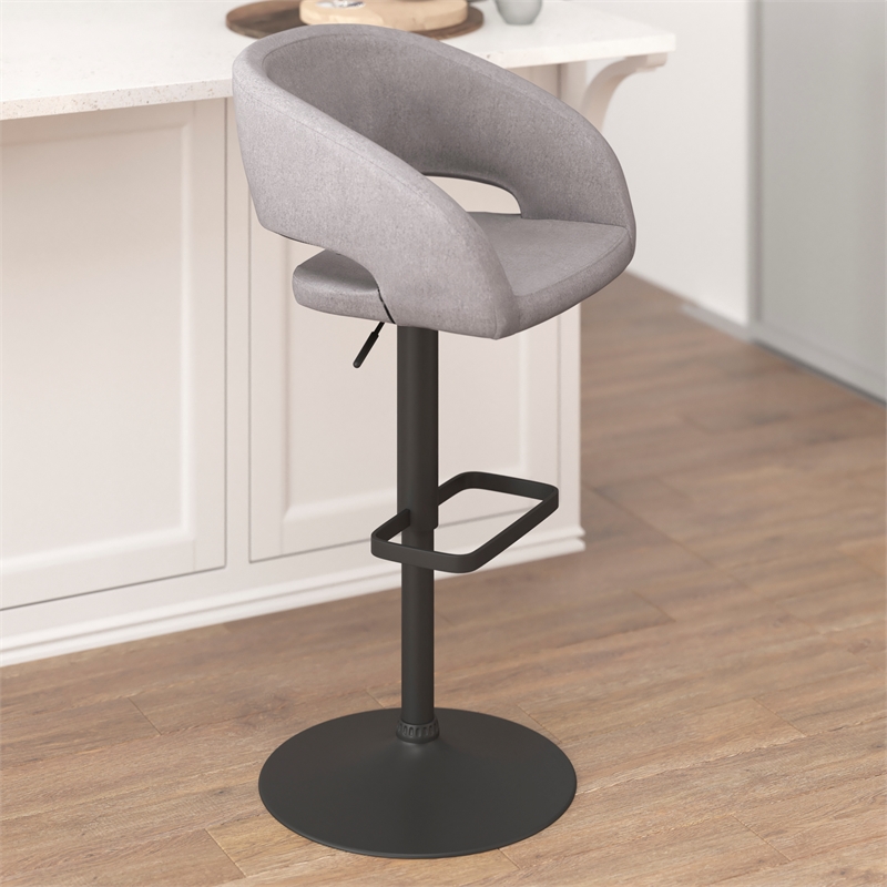 Gray Fabric Adjustable Height Barstool with Rounded Mid-Back and Black Base