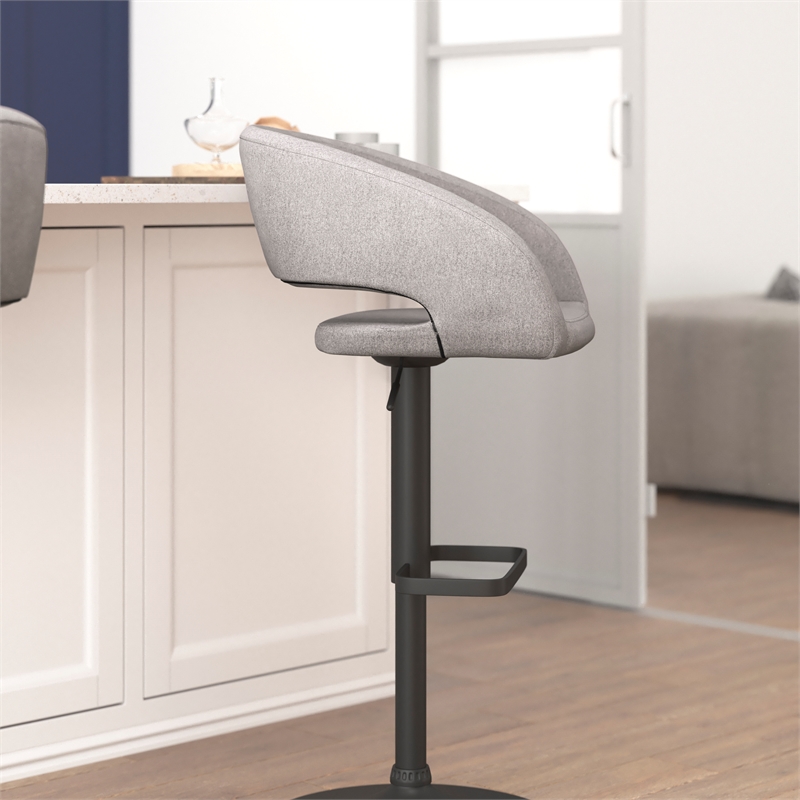 Gray Fabric Adjustable Height Barstool with Rounded Mid-Back and Black Base