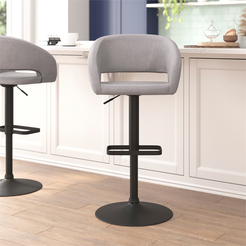 Gray Fabric Adjustable Height Barstool with Rounded Mid-Back and Black Base