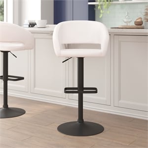 White Vinyl Adjustable Height Barstool with Rounded Mid-Back and Black Base