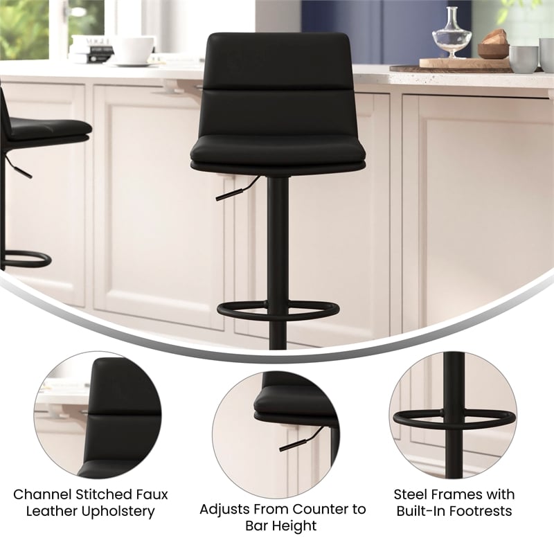 Set of 2 Commercial Armless Adjustable Height Barstools in Black LeatherSoft