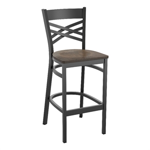 Black &quotX&quot Back Metal Restaurant Barstool - Antique Copper Wood Seat